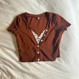 NWOT Modakawa brown white lace crop top Japanese fashion size medium fits S/M